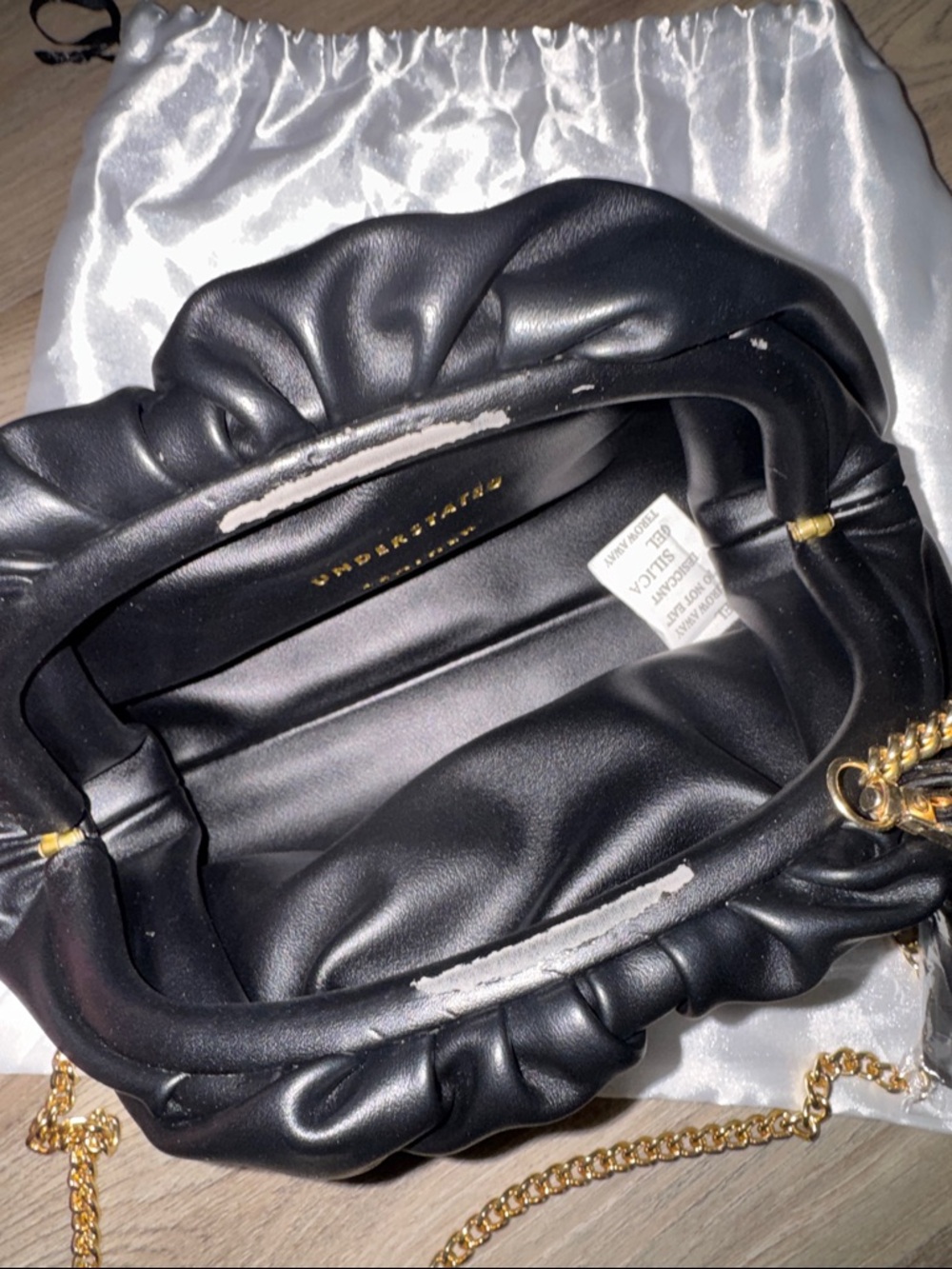 Understated Leather Black Pouch Clutch Bag Gold Chain Ruched Crossbody - Picture 7 of 7